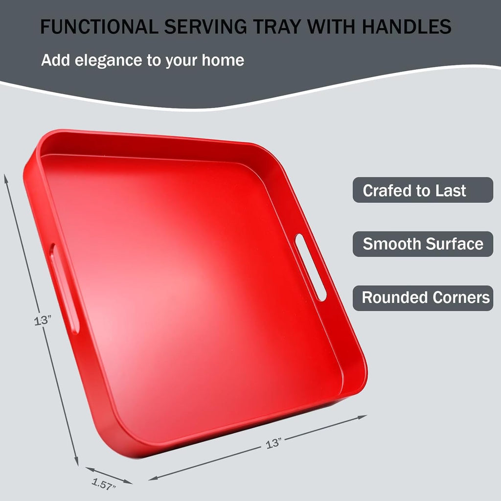 Square Red Decorative Serving Tray with Handles, Versatile Ottoman Tray for Coffee Table, Entertaining, Outdoor Patio, Living Room, 13”*13”*1.6”