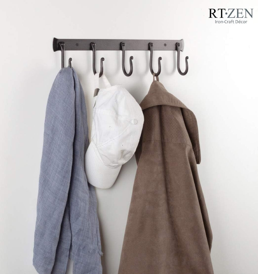RTZEN Wall Mount Hook Set - Wrought Iron Decorative Rustic Metal Coat Hooks for Hanging - Handcrafted Classic Farmhouse Wall Mounted Black Hooks for Towel Robe or Hat Hanging - 5 Hook Rack
