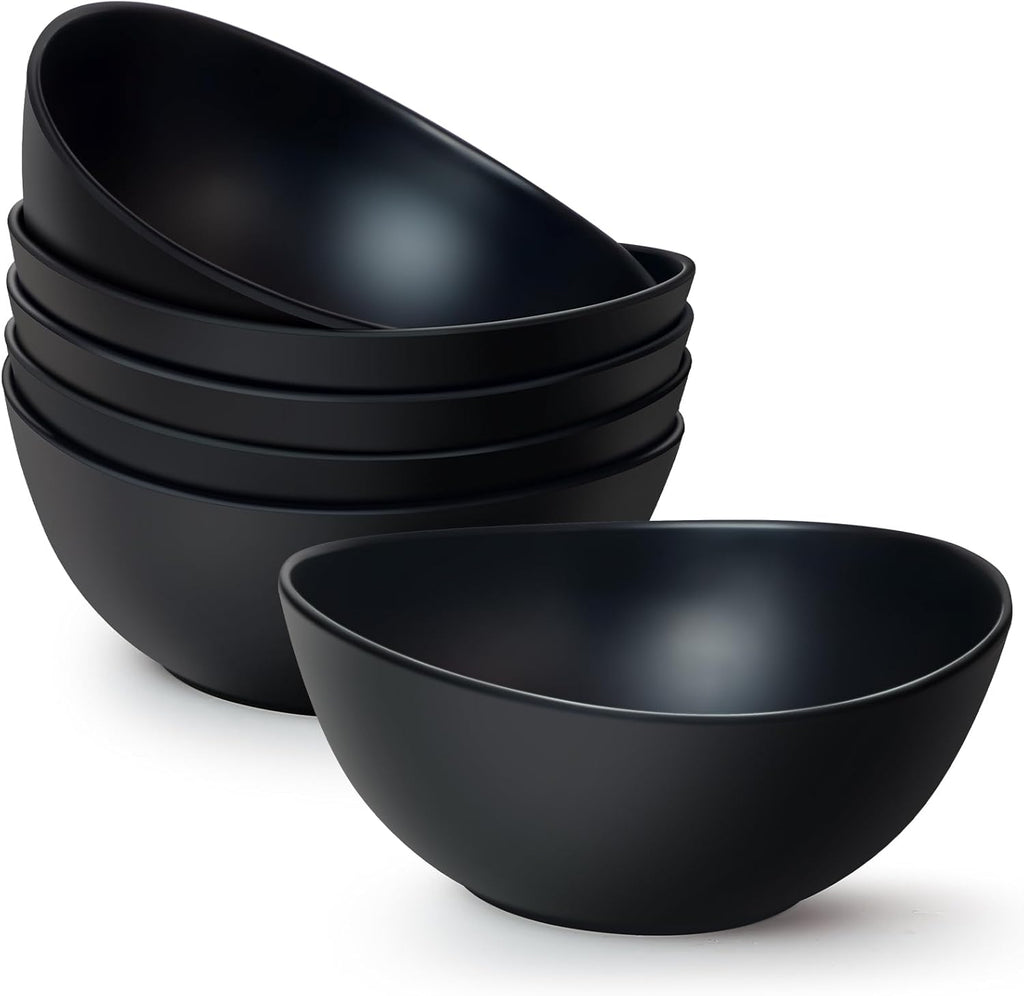 6.2'' Bamboo Fiber Cereal Bows Set of 6, Soup Bowls 24 Oz for Serving Salad, Snack, Side Dishes, Modern Oval Lightweight Bowls for Breakfast,Lunch and Dinner, Dishwasher and Freezer Safe(Matte black)