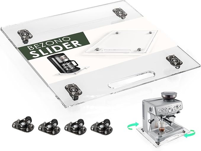 360° Sliding Tray for Coffee Maker & Kitchen Appliances - Silent Rubber Wheels, Clear Acrylic Organizer Tray for Under Cabinet - Space Saving Countertop Accessory, 13x14 Inch (Clear)