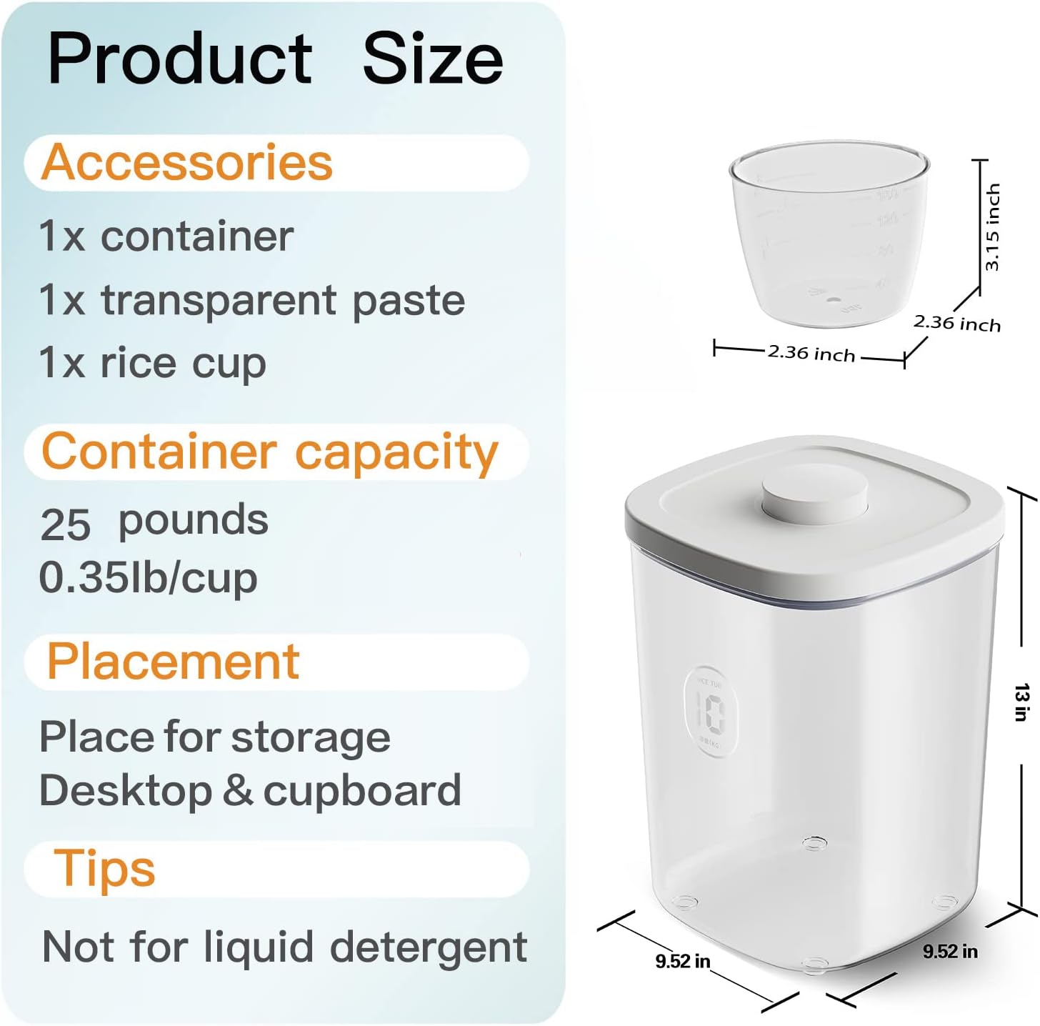 20-25 lbs Rice Dispenser,10.5 Qt/10 L/22-25 lbs Rice Container Storage with Measuring Cup & Brush Food Cereal Container Bins Household for Kitchen Pantry Organization (AY-10KG-WHITE)