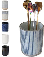 Stoneware Coffee Bar Utensil Holder Tea & Coffee Spoon & Stirrer Holder for Stir Stick Straw Teaspoon Holder Spoon Cup Small Utensil Jar (Blue Stripes)