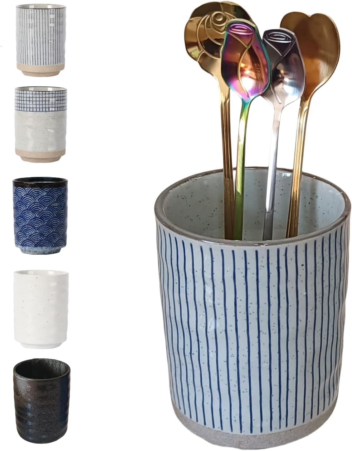 Stoneware Coffee Bar Utensil Holder Tea & Coffee Spoon & Stirrer Holder for Stir Stick Straw Teaspoon Holder Spoon Cup Small Utensil Jar (Blue Stripes)