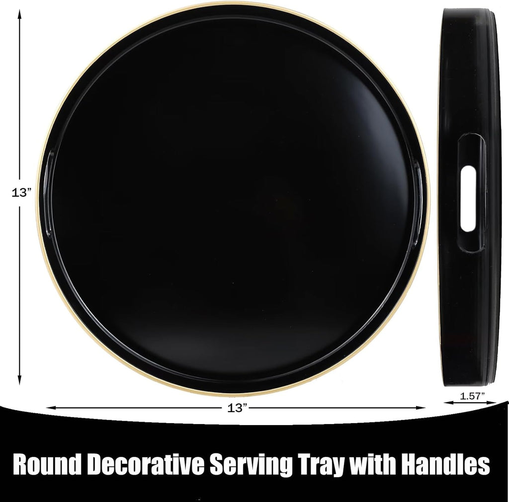Black Round Decorative Tray with Handles, 13" Versatile Serving Tray for Coffee Table, Ottoman, Ideal for Serving, Displaying, Organizing
