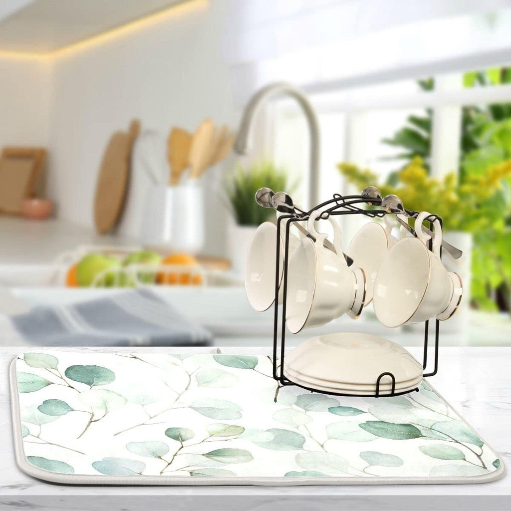Sage Green Leaves Dish Drying Mat for Kitchen Counter Watercolor Branch Plant Drying Mat 18 x 24 Inch with High Absorbent Reversible Microfiber Dish Drying Pad Drainer Mat for Coffee Bar