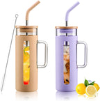 Kodrine Glass Tumbler with Lid and Straw, 20 oz Glass Coffee Tumbler with Handle, Smoothie Cup with Bamboo Lid, Time Marker, Silicone Sleeve, Reusable Iced Coffee Cup BPA Free - Amber Purple