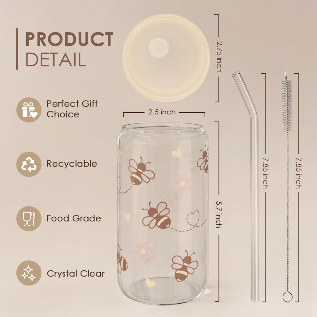 Bee 16oz Can Glass Tumbler with Acrylic Lid & Straw - Iced Coffee Cup for Women Girls, Aesthetic Cups Gifts for Birthday Christmas