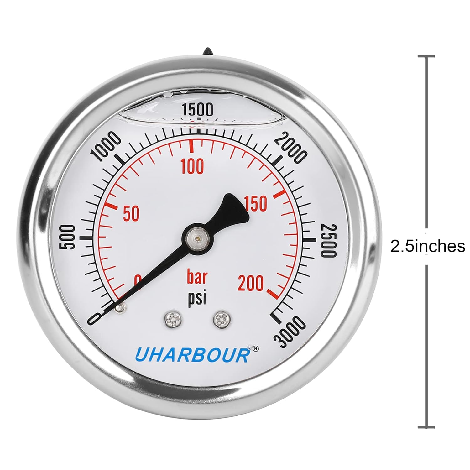 Glycerin Filled Pressure Gauge 3000psi/200bar, Stainless Steel case, Brass Inside Construction, 2-1/2" dial, 1/4" NPT Back Connection.…
