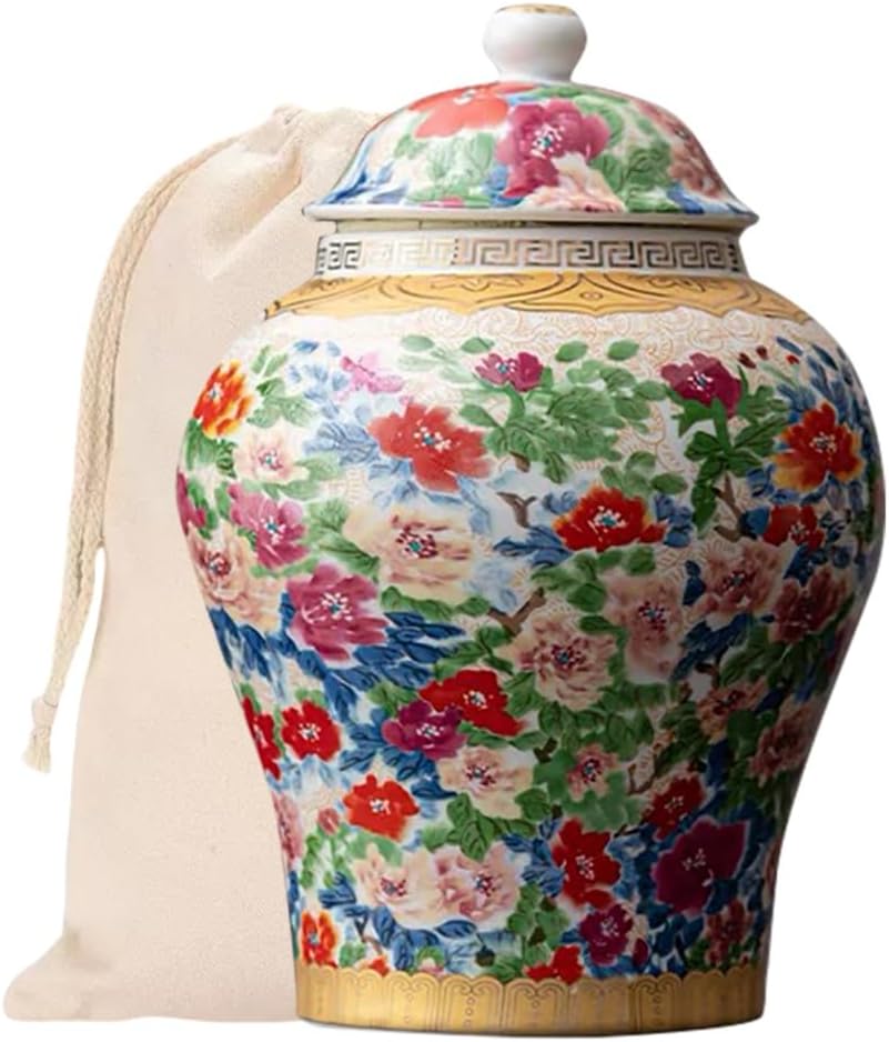 8 inches Ginger Jar with Lid- colored flowers pattern Ceramic Decorative small Ginger Jars， chinoiserie gift Enamel decor jar for Home/Kitchen/Dining/living room/shelf decor/Tea Storage