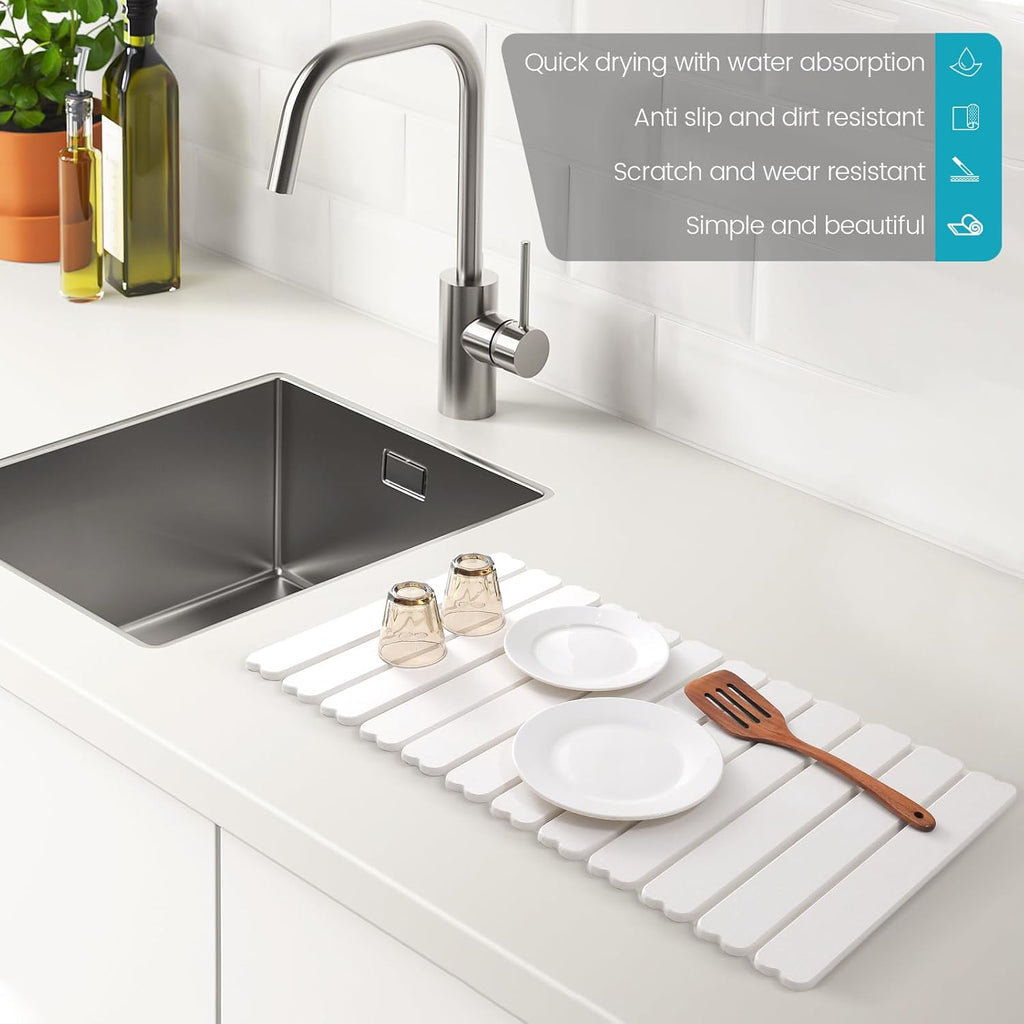 Extral Large Quick Dry Stone Drying Mat for Kitchen Counter,28x16 Inch Collapsible Eco-Friendly Absorbent Diatomaceous Earth Mat for Dishes Cups,Dish Drying Mats (White-Love Shape, 28x16 inch)