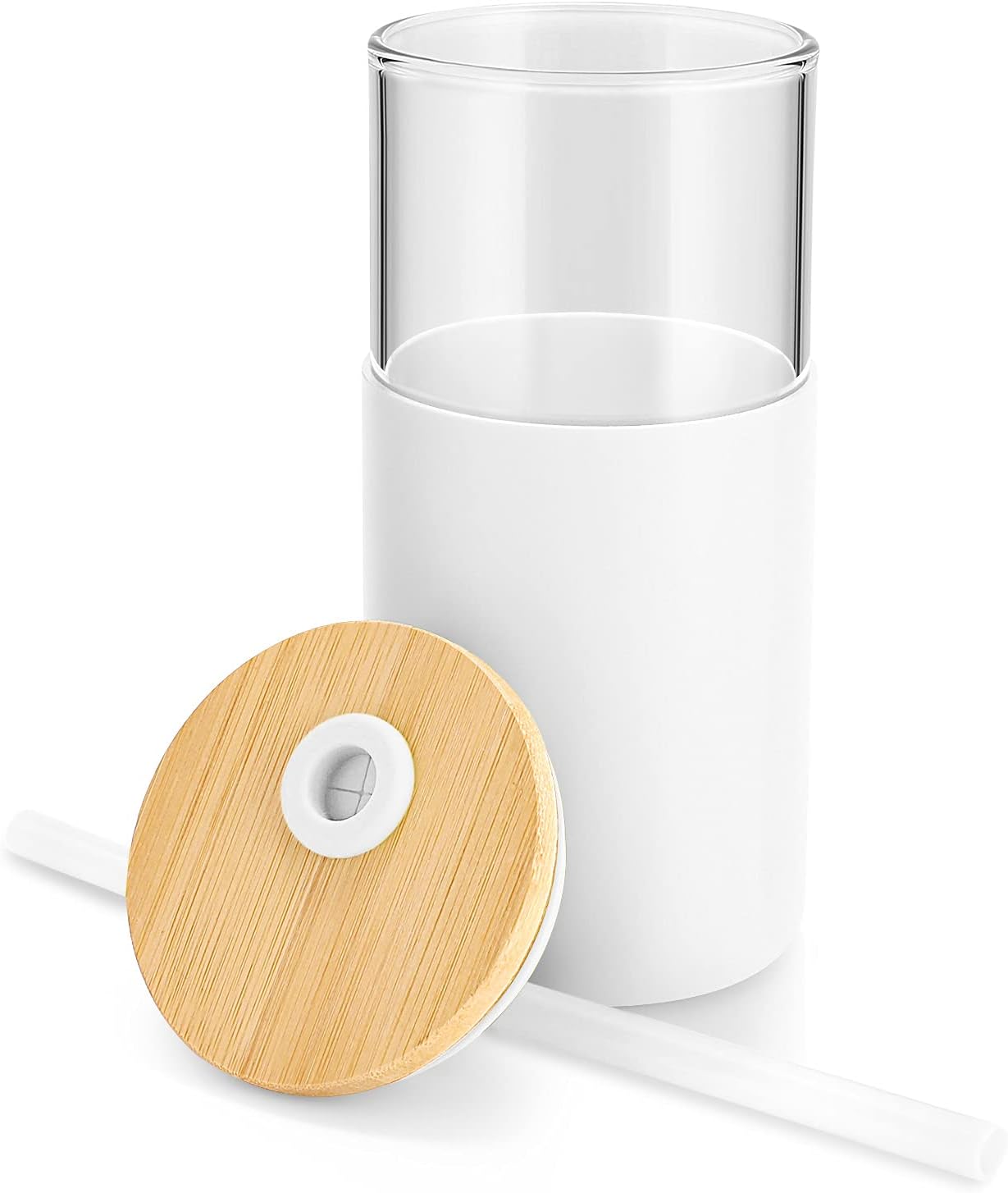 Tronco 16 oz Glass Tumbler with Straw and Bamboo Lid, Iced Coffee Cup Reusable, Smoothie Cups, Tumbler with Silicone Protective Sleeve - BPA Free