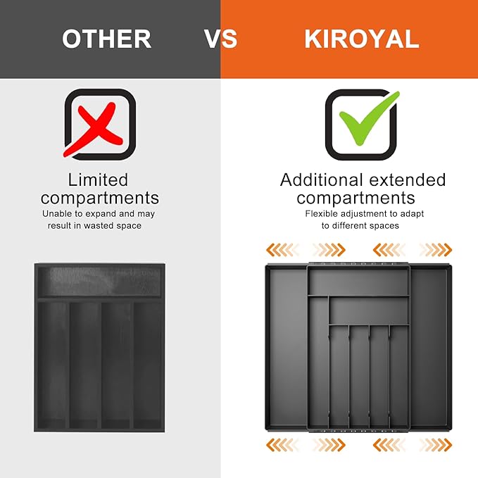 Silverware Organizer, Expandable Kitchen Drawer Organizer, Adjustable Cutlery Organizer, Forks, Knifes, Multipurpose Storage Divider(7-9 Slots), Large, Black