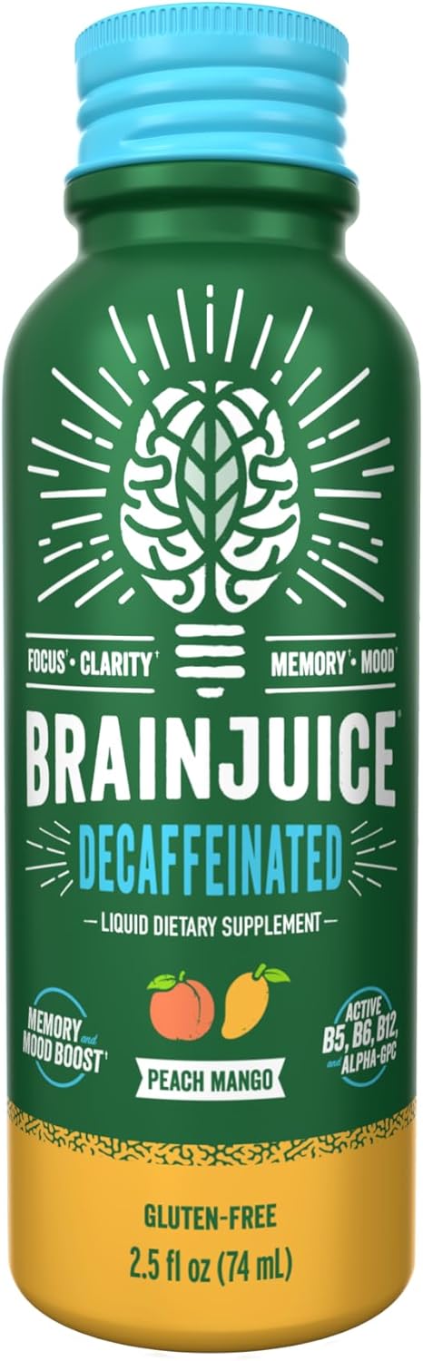 BrainJuice Decaf Brain Support Shot, Gluten Free Supplement Shots for Energy & Focus, Healthy Drinks with Alpha GPC, Vitamin B & Decaffeinated Green Tea Leaf, Classic, 2.5 fl oz, 12 Pack