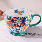 Vintage Flower Mugs – Large Ceramic Coffee Mug (15oz) – Cute Cereal Cup for Breakfast, Oatmeal Tea & Hot Drinks – Handmade Ceramic Cup with Floral Design