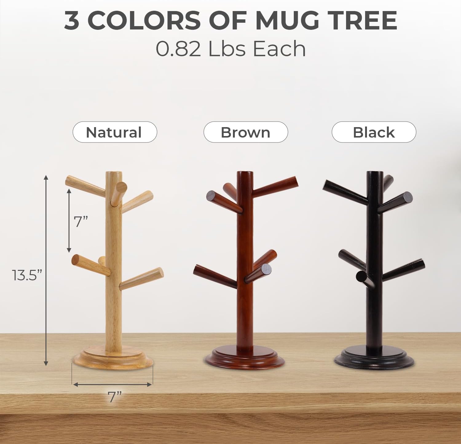Pack 2 Mug Tree 6 Hooks Rubberwood 13.5"x7"x7", Strudy & Thick Base, Large & Small Cup Holder Tree Wooden for Jewelry, Kitchen Tools, Pantry, Ornaments, Countertop, Table Organizer (Black)