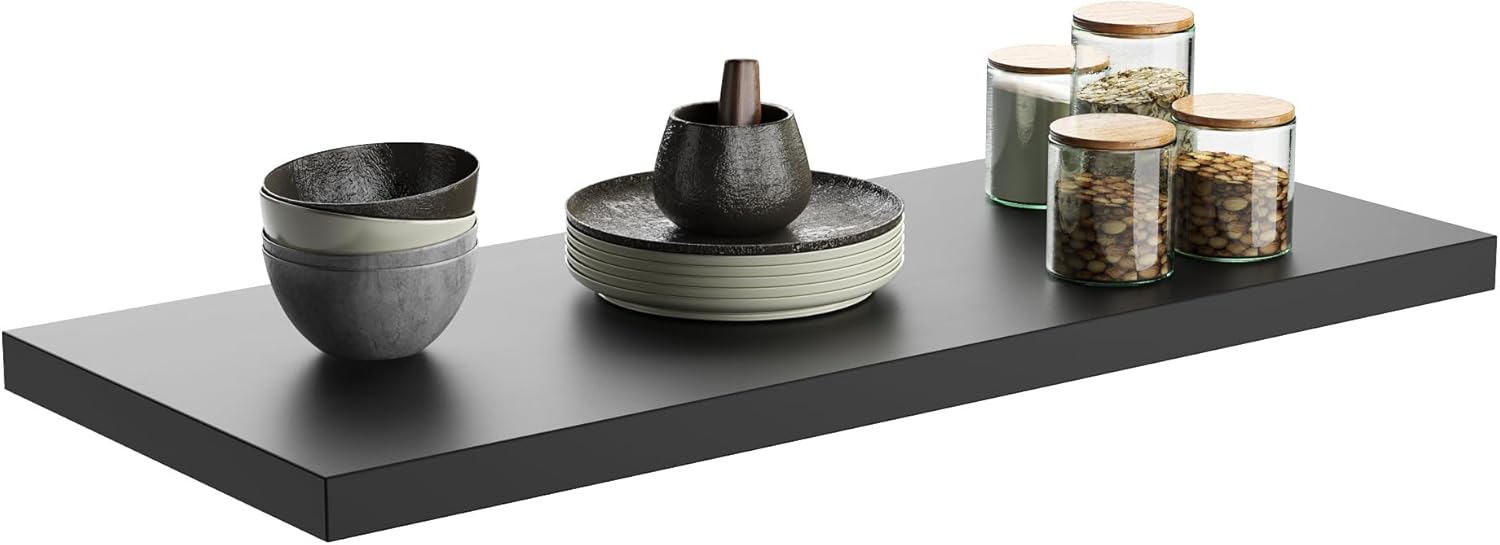 Wall Shelf Set of 1, Black Floating Shelves 30 in W x 10 in D x 1 in H, Wooden Floating Wall Shelf with Invisible Brackets for Living Room/Bedroom/Bathroom/Kitchen Storage and Decor