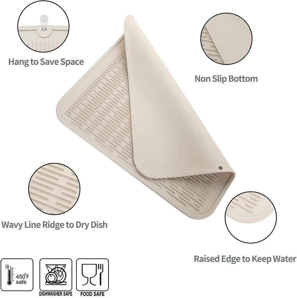 Silicone Dish Drying Mat for Multiple Usage,Easy clean,Eco-friendly,Heat-resistant Silicone Mat for Kitchen Counter or Sink,Refrigerator or Drawer Liner Tapioca XL 18 inches x 16 inches