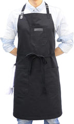 Black Cotton Kitchen Apron, Mens Womens Professional Cooking Bib Apron for Chef Grill BBQ, with Pockets Towel Loop and Adjustable Neck Strap
