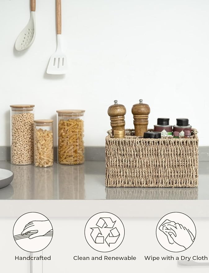 StorageWorks Wicker Flatware Organizer, Hand Woven Seagrass Cutlery Holder for Countertop with Handle, 1 Pack