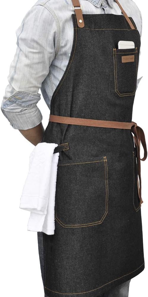 Denim Chef Apron with Pockets, Mens Womens Professional Kitchen Bib Black Apron for Cooking Grill BBQ Server, with Towel Loop and Adjustable Neck Straps