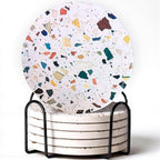 Absorbent Coaster Set of 6 with Holder, Drink Coasters for Coffee Table, Kitchen, Home Decor, Cute Ceramic Round Coasters, Alternative to Silicone, Cork or Glass Coaster (Mosaic with Black Holder)