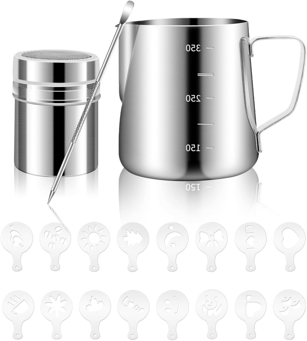 Milk Frothing Pitcher 350ml/12oz Steaming Pitchers Stainless Steel Milk Cappuccino Coffee with Decorating Art Pen, Powder Shaker, 16 Pieces Coffee Decorating Stencils