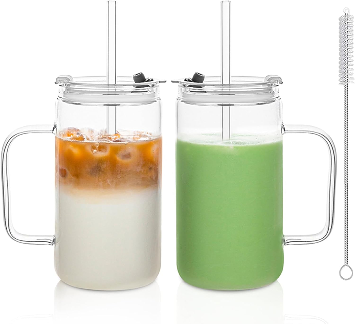 24oz Glass Tumbler with Lid and Straw - Leak Proof Travel Cup with Handle, Reusable Drinking Glass for Iced Coffee, Smoothies & Tea, Dishwasher Safe Spill-Proof Water Bottle for Home, Office, Gym