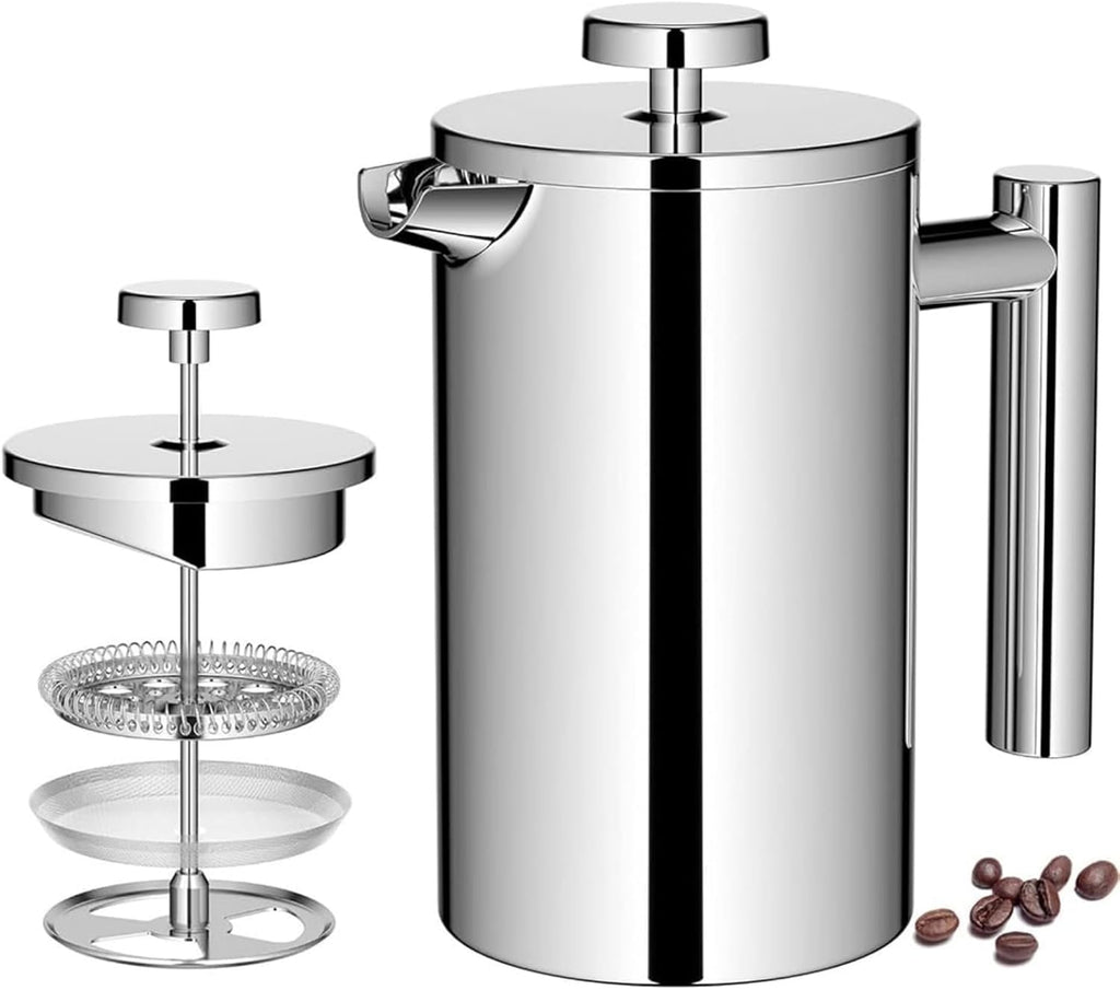 French Press Coffee Maker,Stainless Steel Double Wall Insulated Coffee Press 34 oz,4-8 Cups, Portable Hot Cold Brew Teapot Cafetera for Coffee Bar Accessories Kitchen Camping (White,34oz)