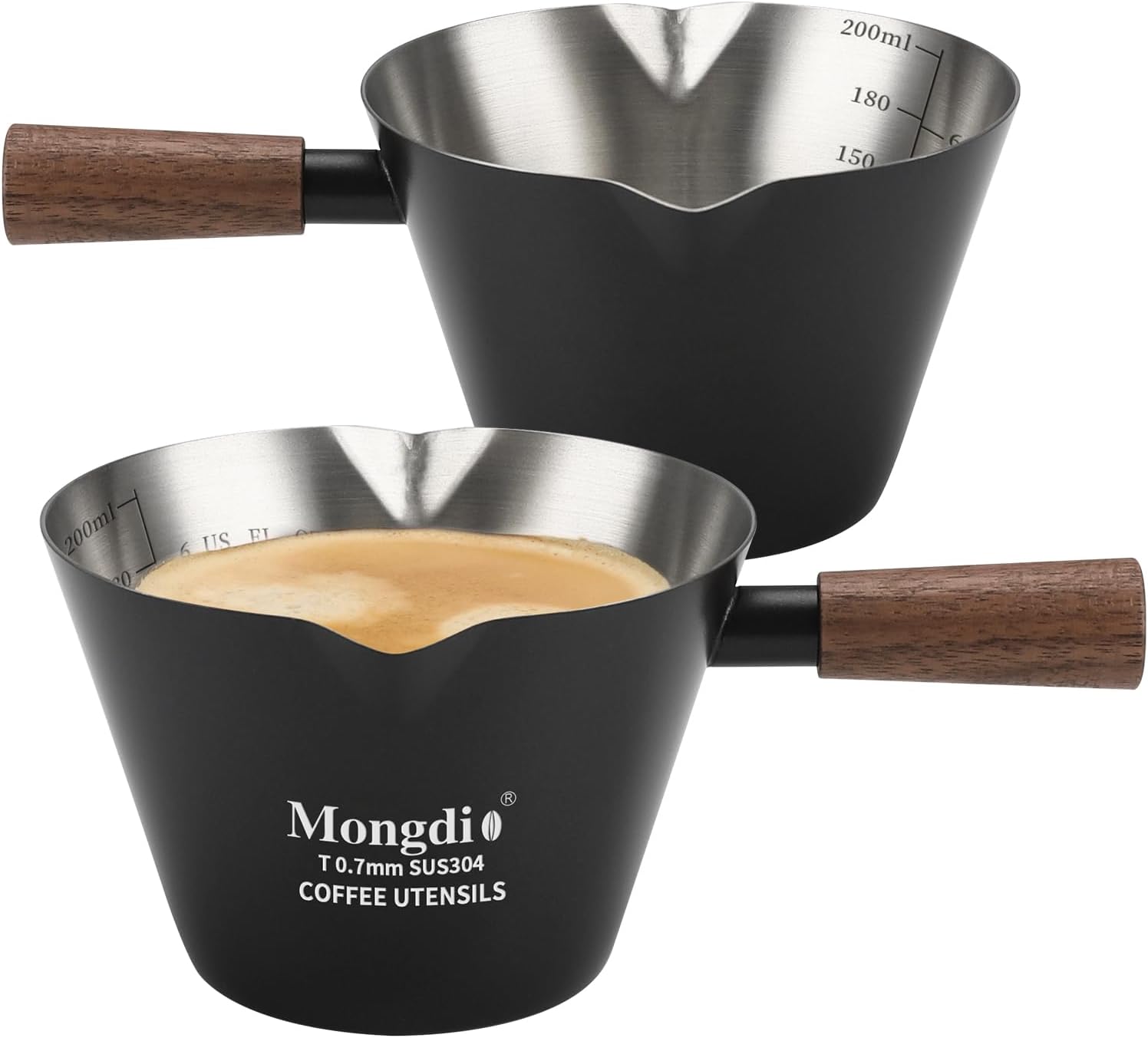 Mongdio 2 Pcs Espresso Measuring Cup, Stainless Steel Espresso Shot Cups with Wooden Handle and Double Spouts, 6.8OZ/200ML, Black