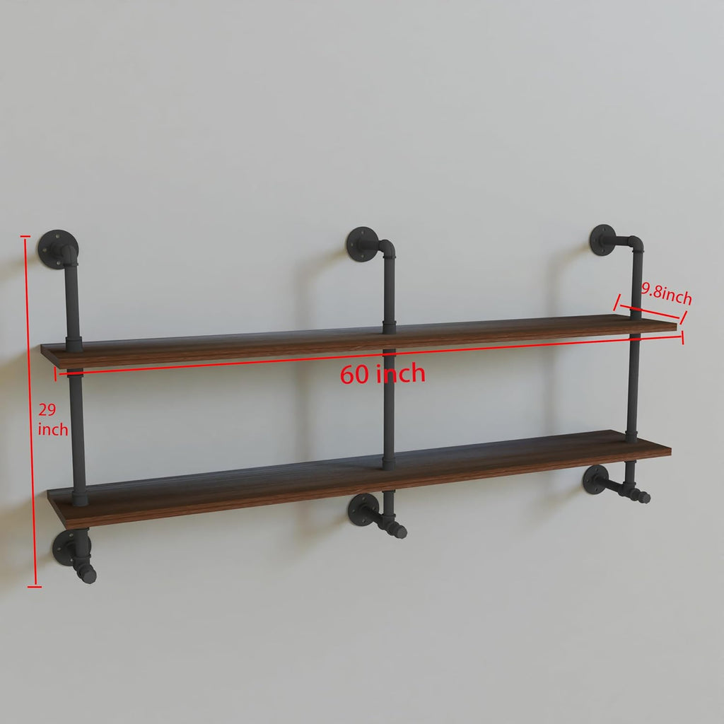 Industrial Pipe Wall Shelves Pipe Shelving with Real Wood Plank ,60 Inches Floating Shelves for Wall Farmhouse Pipe Book Shelves Dark Brown 2 Tier for Kitchen,Living Room Decor and Bar Shelving
