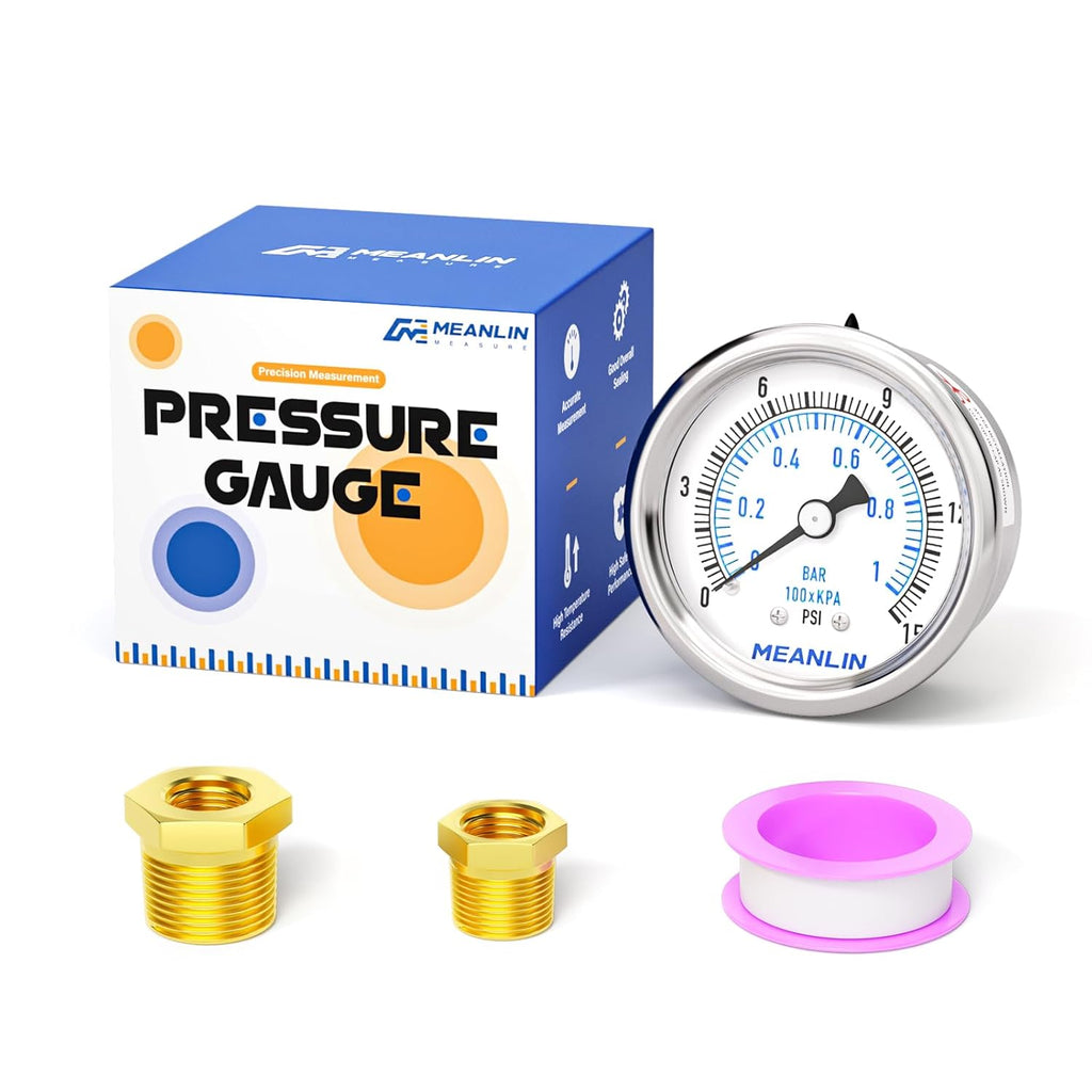 MEANLIN MEASURE 0~15Psi Dry Low Pressure Gauge Stainless Steel 1/8" NPT 2" FACE DIAL Waterproof for Water Oil Air Well Pump Tank Tire Pressure Test Back Mount, with 1/4" NPT and 3/8" NPT Hex Bushing