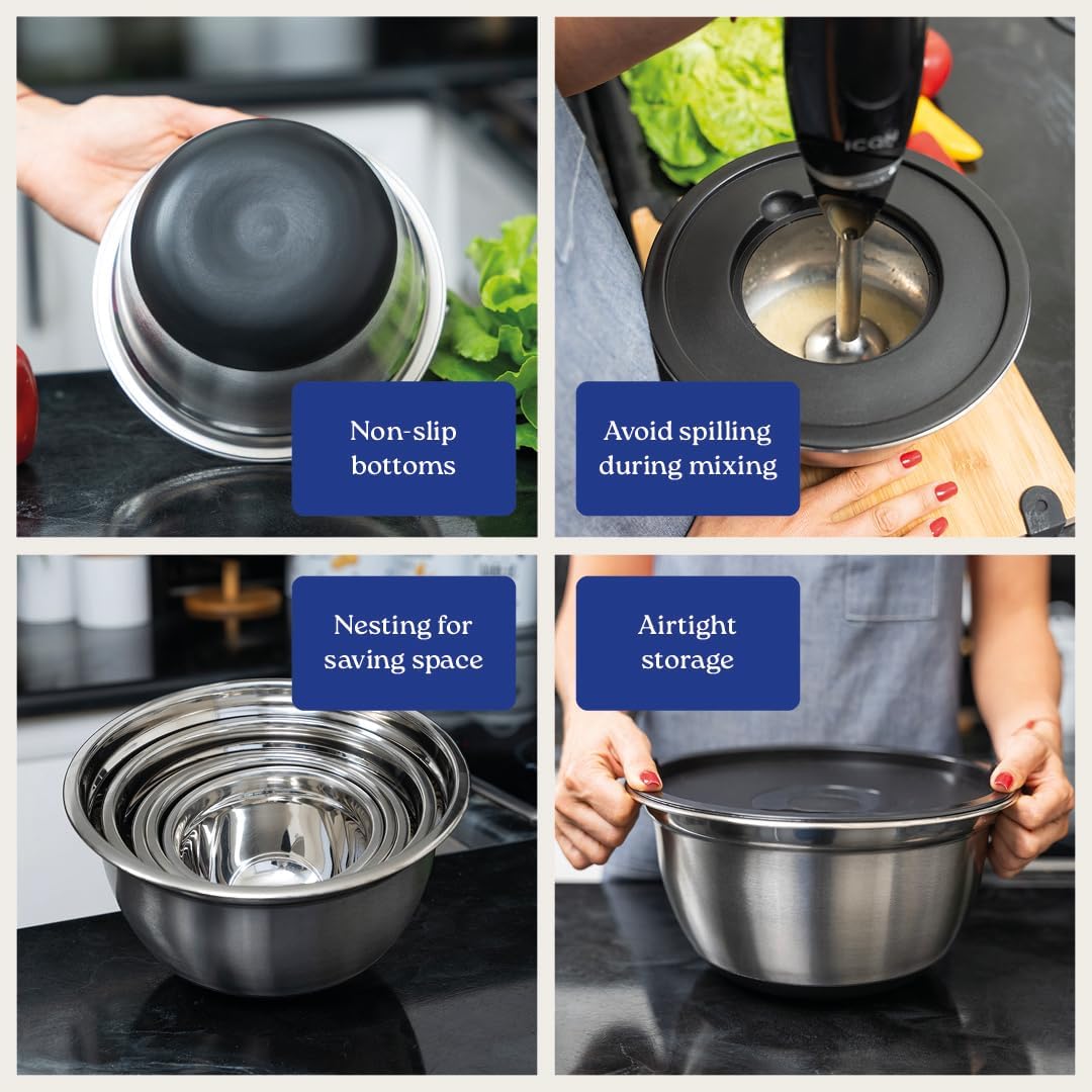 WHYSKO Stainless Steel Mixing Bowls with Lids Set - 5 Rustproof Metal Nesting Mixing Bowls for Kitchen, Meal Prep, Baking, Cooking, Storage - Includes 3 Grater Attachments, Dishwasher Safe