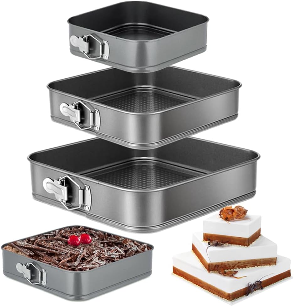 Springform Cake Pan Set of 3 (4, 7, 9 Inch) Square Leakproof Nonstick Cheesecake Pans with Removable Bottom Carbon Steel Bakeware