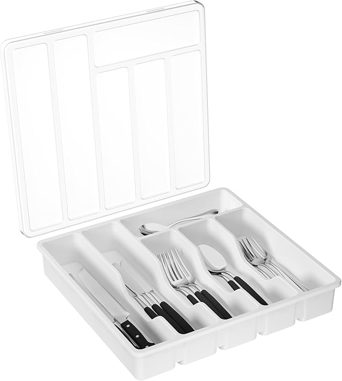 Lifewit Silverware Organizer with Lid, Covered Utensil Tray for Kitchen Drawer and Countertop, Plastic Cutlery and Flatware Storage Box for Spoons Forks Knives Holder Case, 6 Compartments, White