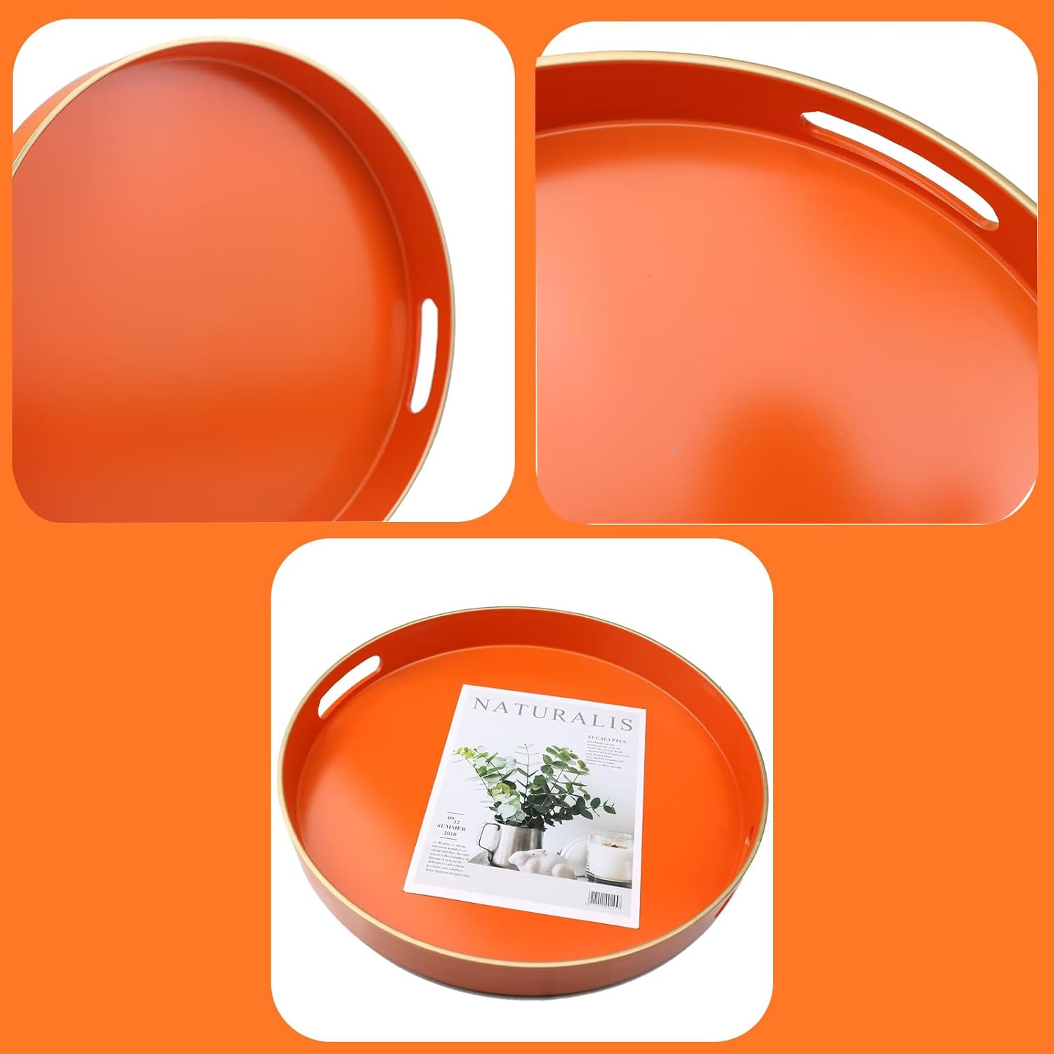 Orange Round Decorative Tray with Handles, 13" Versatile Serving Tray for Coffee Table, Ottoman, Ideal for Serving, Displaying, Organizing