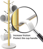 Gold Mug Holder Tree with Marble Base, 8 Hooks Coffee Cups Holder Stand, New Upgrad Stable Removable Mug Rack for Kitchen Cafe