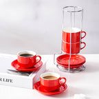 2.5 Ounce Porcelain Espresso Cups with Saucers and Silver Stand, Red Stackable Cups Set of 4