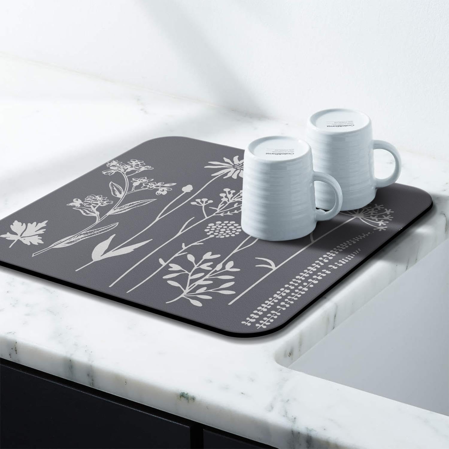 Dish Drying Mat for Kitchen Counter 16x18in Grey Washable Quick Dish Drying Pad Rubber Backed Absorbent Draining Mat