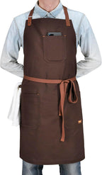 Chef Bib Apron with Pockets Professional Kitchen Cooking Grill BBQ Apron for Men Women, with Pockets Towel Loop and Adjustable Neck Strap (Brown)