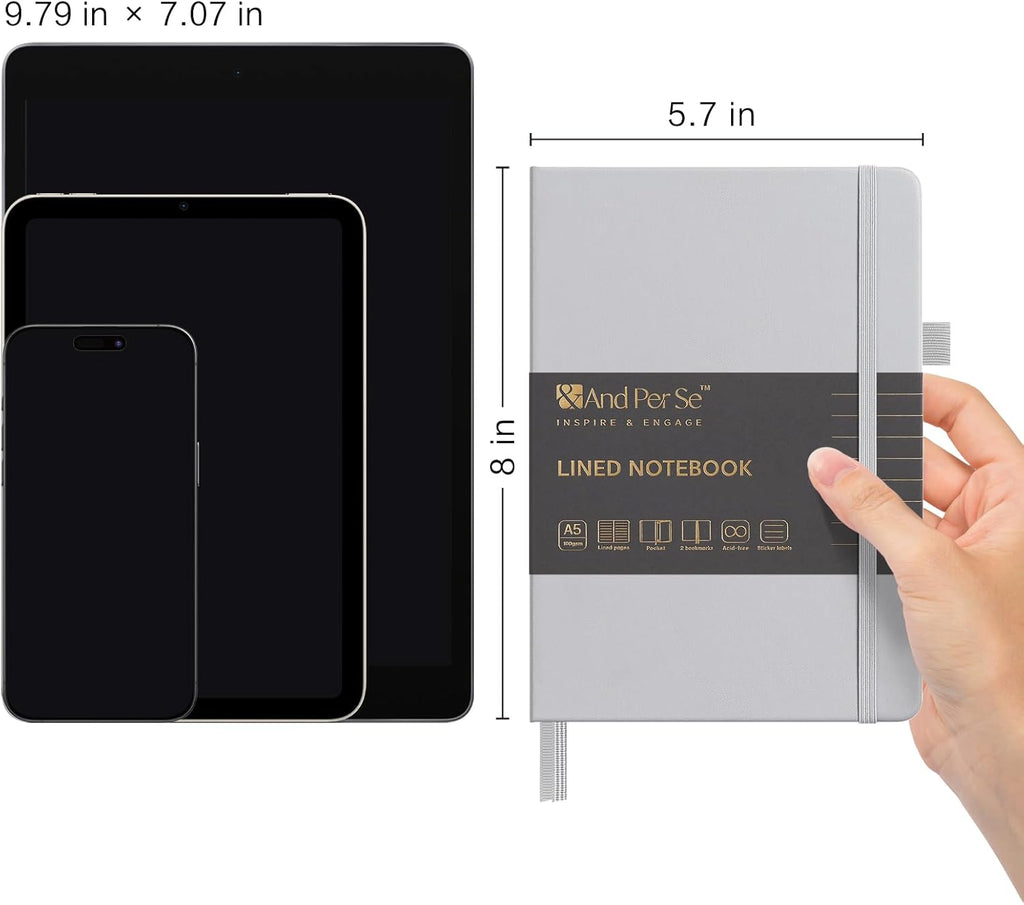 &And Per Se Lined Journal Notebook, 160 Pages, A5 5.7 x 8 inches College Ruled Thick Paper Notebook Journals for Writing, Hardcover Notebooks for Women Men Office School (1 Pack, Grey)