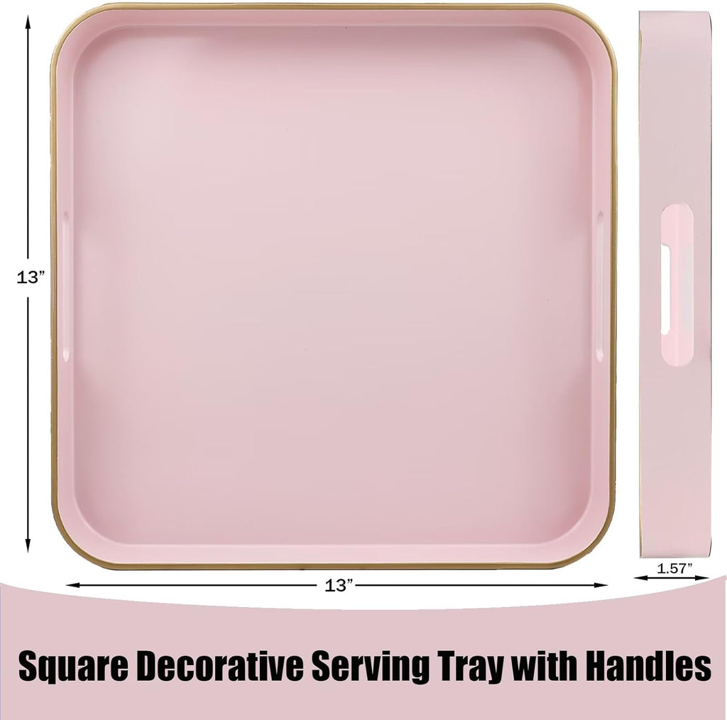 Pink Square Decorative Tray with Handles, 13"*13" Versatile Serving Tray for Coffee Table, Ottoman, Ideal for Serving, Displaying, Organizing