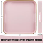 Pink Square Decorative Tray with Handles, 13"*13" Versatile Serving Tray for Coffee Table, Ottoman, Ideal for Serving, Displaying, Organizing