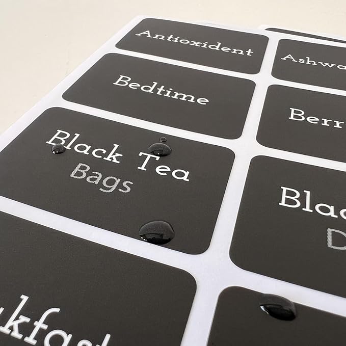 Tea Tin Labels, 160 Pre-Printed Waterproof Adhesive Labels, 1.7 x 1.2 Inches, Vinyl Material, Removable