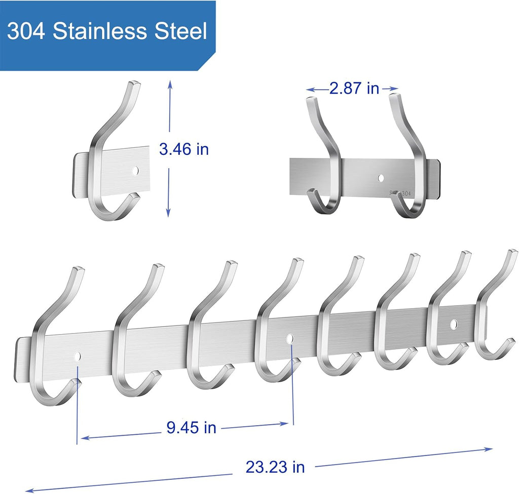 Wall Hooks Heavy Duty, 23 Inch Coat Rack Wall Mount with 8 Hooks, Silver Wall Hooks Hangers for Entryway, Bathroom - for Hanging Backpack, Bag, Coat, Purse, Hat, Towel, Clothes,2 Packs