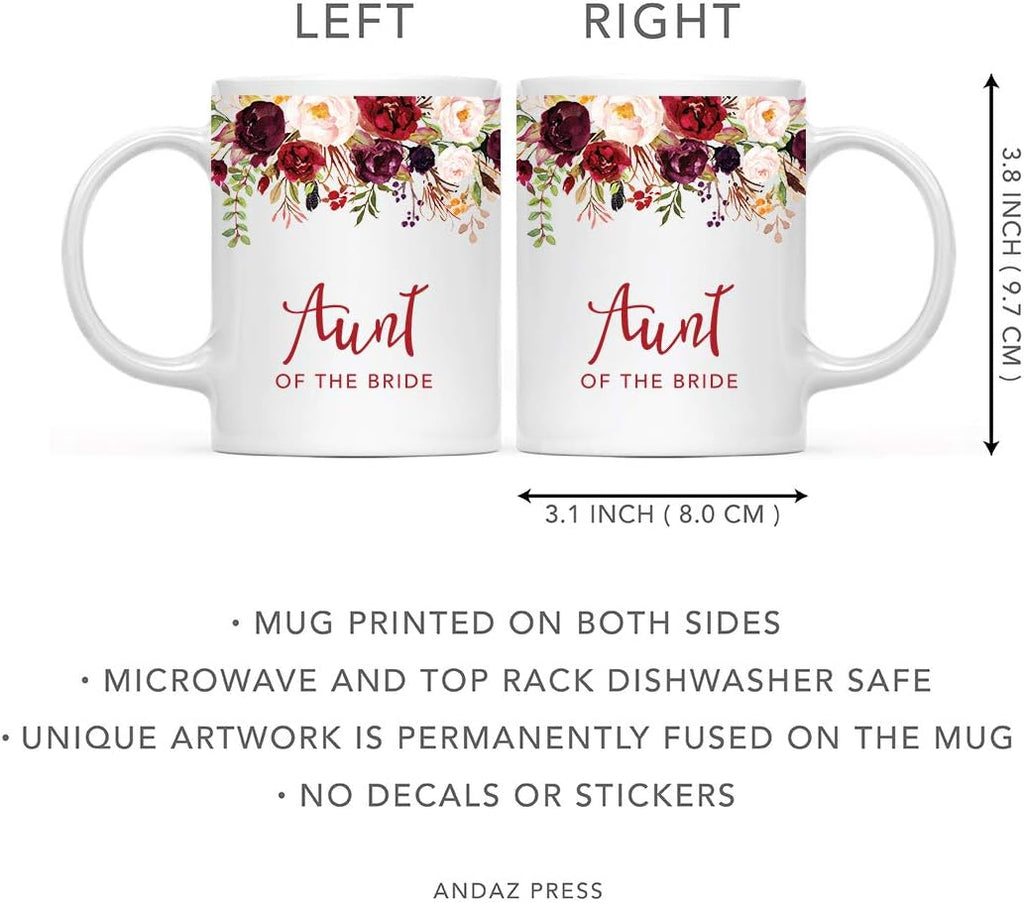 Andaz Press 11oz. Wedding Ceramic Coffee Tea Mug Gift, Fall Autumn Marsala Burgundy Flowers Roses Florals, Aunt of the Bride, 1-Pack, Includes Gift Box