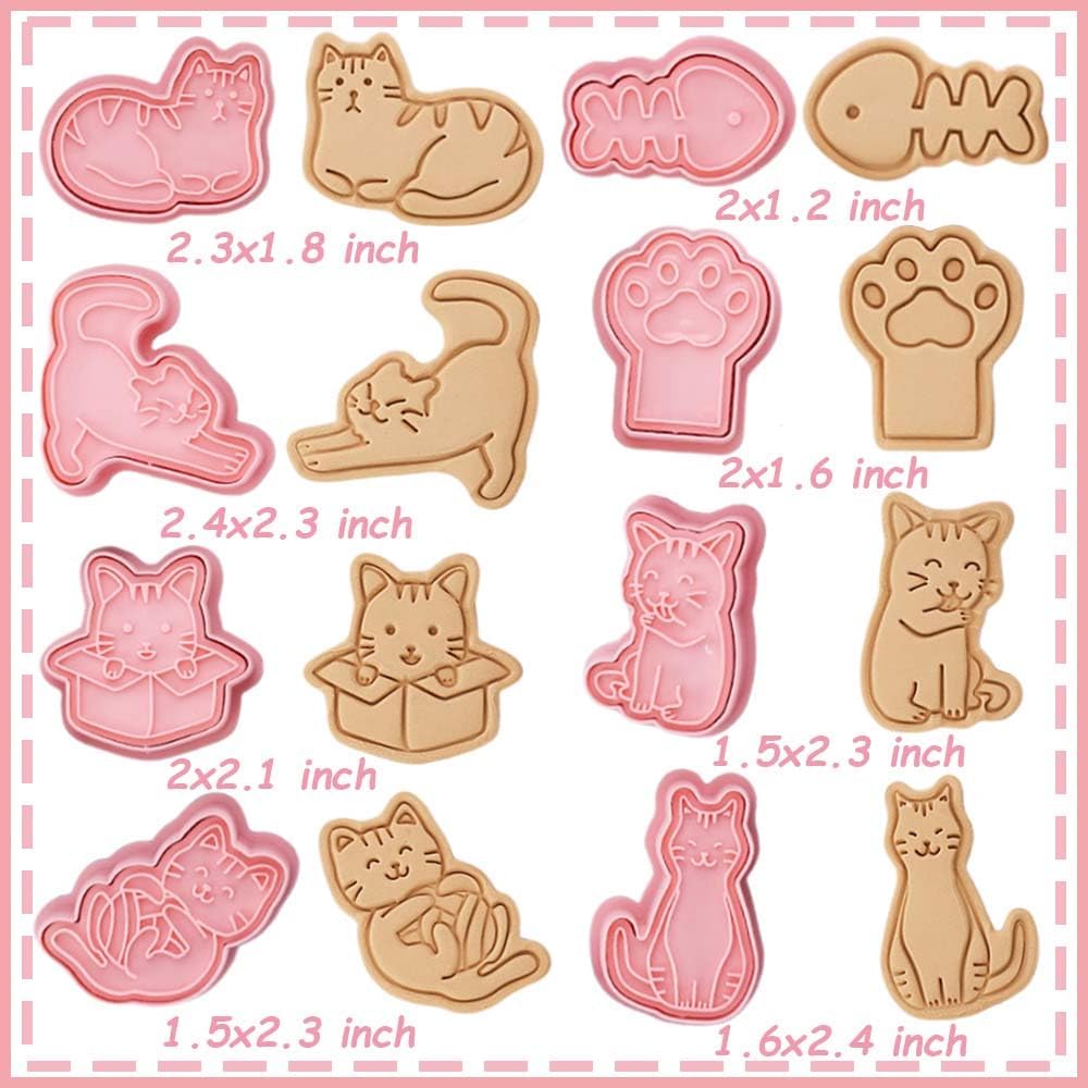 8pcs Cat Cookie Cutters Set, 3D Cute Stamps, Cupcake Pancake Apple Pie Pastry Biscuit Molds, Fruit Sandwich Cutter, Baking Molds for Party Decorations (Cat-1)