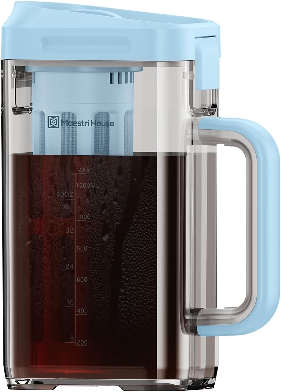 Maestri House Cold Brew Coffee Maker, 40oz Iced Tea and Coffee Maker Brewer Space Saving Tritan Pitcher, 350 Mesh Filter, 100% Leak-Proof