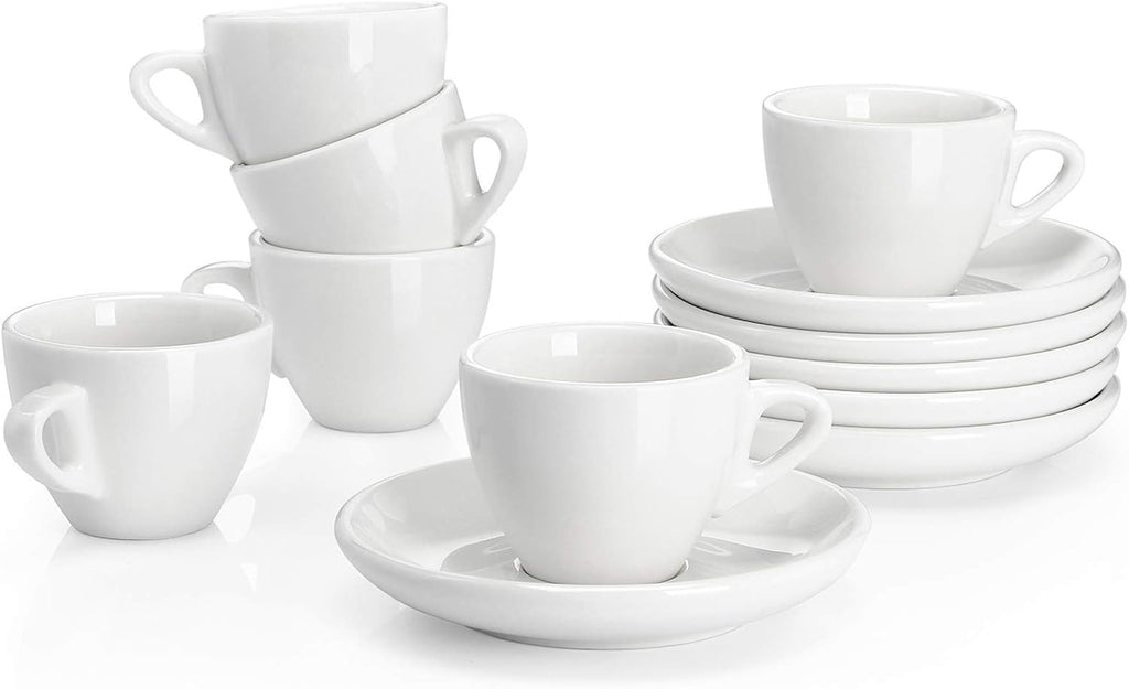 Sweese 2 Ounce Espresso Cups with Saucers, Porcelain Espresso Cups Set of 6 - White