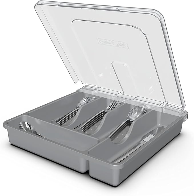 Silverware Tray with Lid, Utensil Holder for Kitchen Counter Plastic Flatware Organizers and Storage holder 5 Compartments Grey