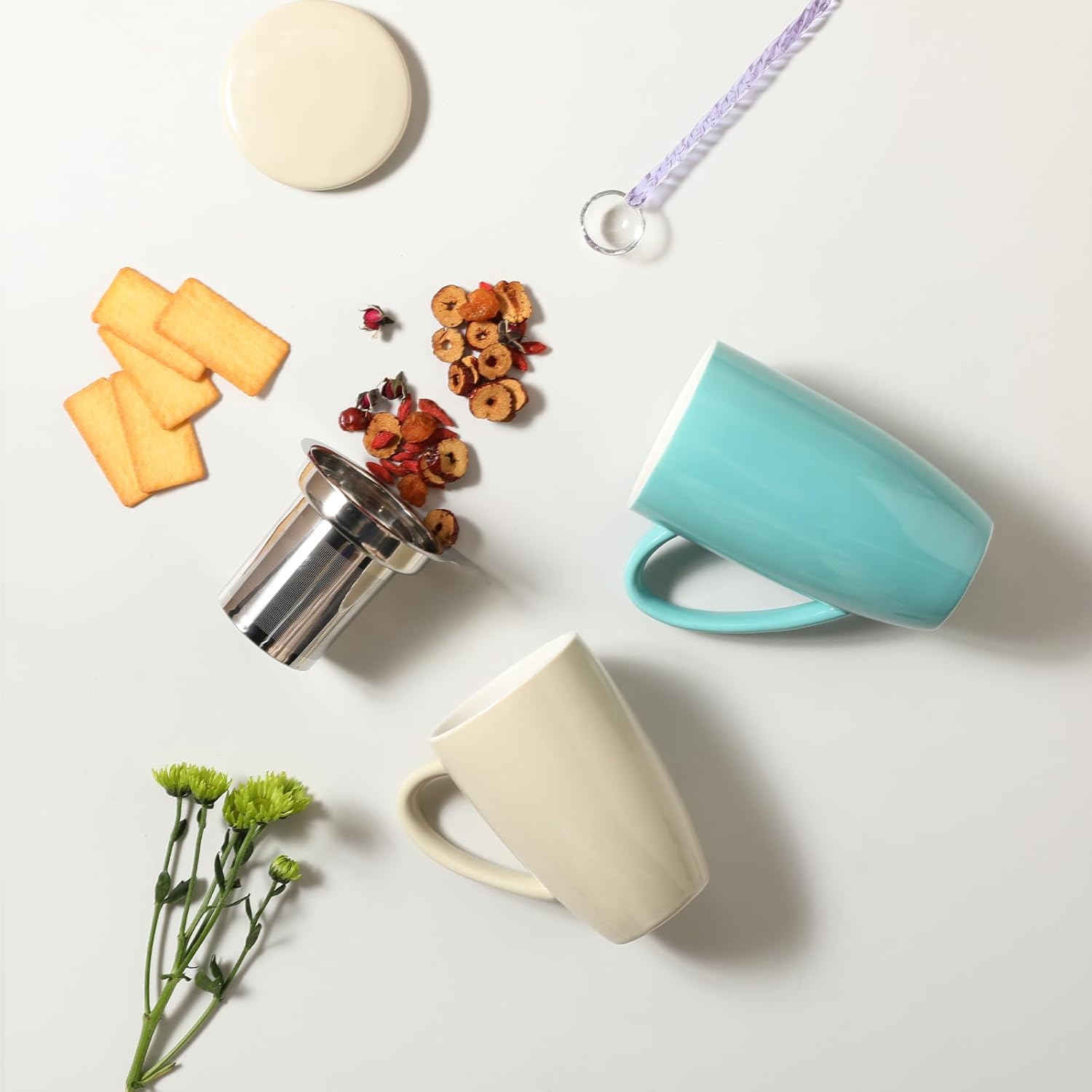 Sweejar Porcelain Tea Mug with Infuser and Lid,Teaware with Filter, Loose Leaf Tea Cup Steeper Maker, 16 Fl Oz for Tea/Coffee/Milk/Women/Office/Home/Gift (Beige)